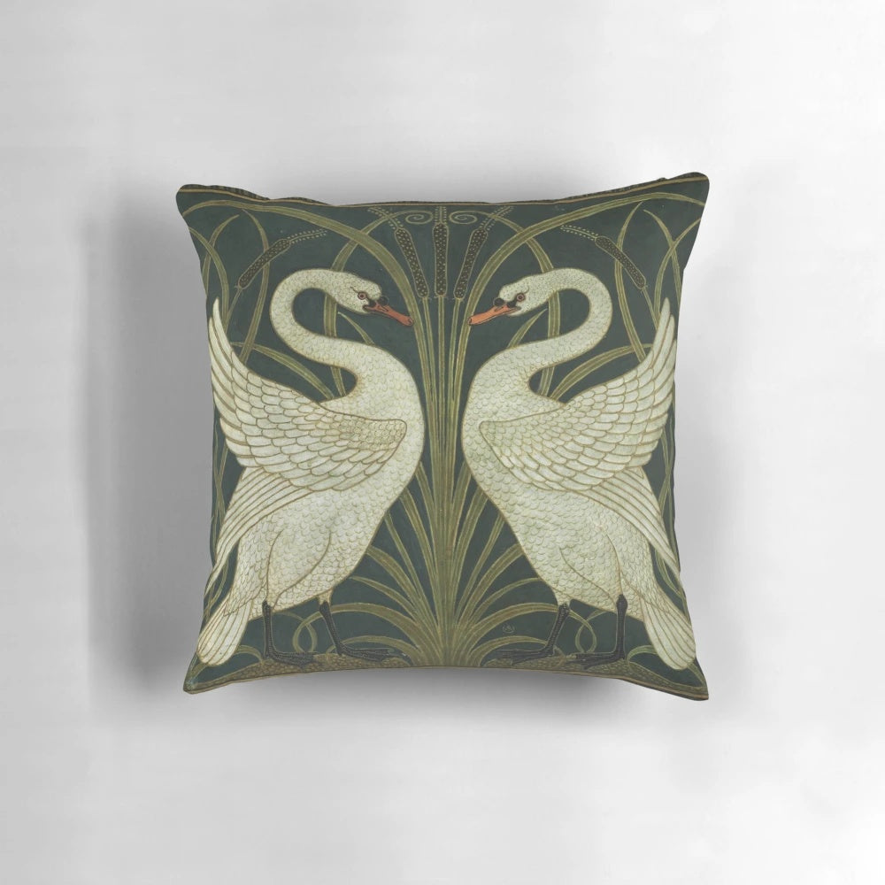 Decorative Art Deco pillow featuring a swan, rush, and iris design in a vintage style