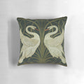 Decorative Art Deco pillow featuring a swan, rush, and iris design in a vintage style