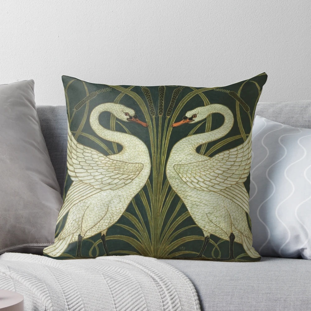 Decorative Art Deco pillow featuring a swan, rush, and iris design in a vintage style