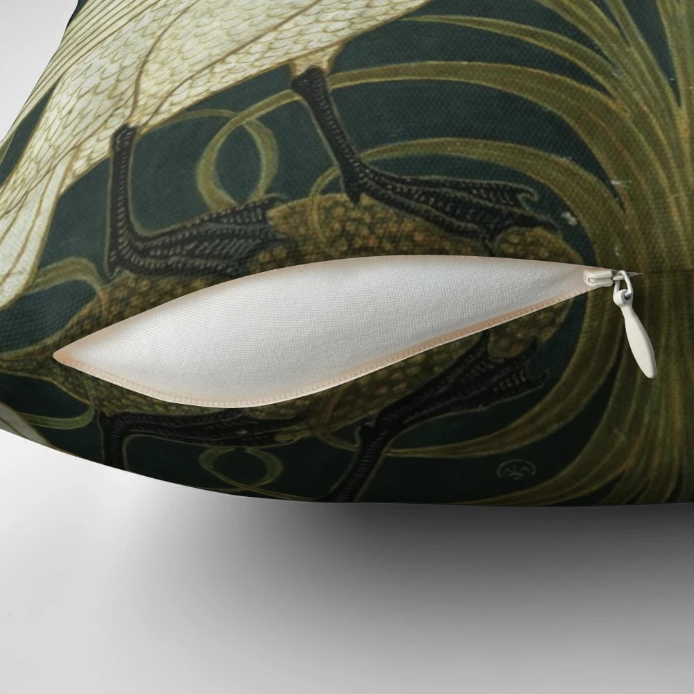 Decorative Art Deco pillow featuring a swan, rush, and iris design in a vintage style