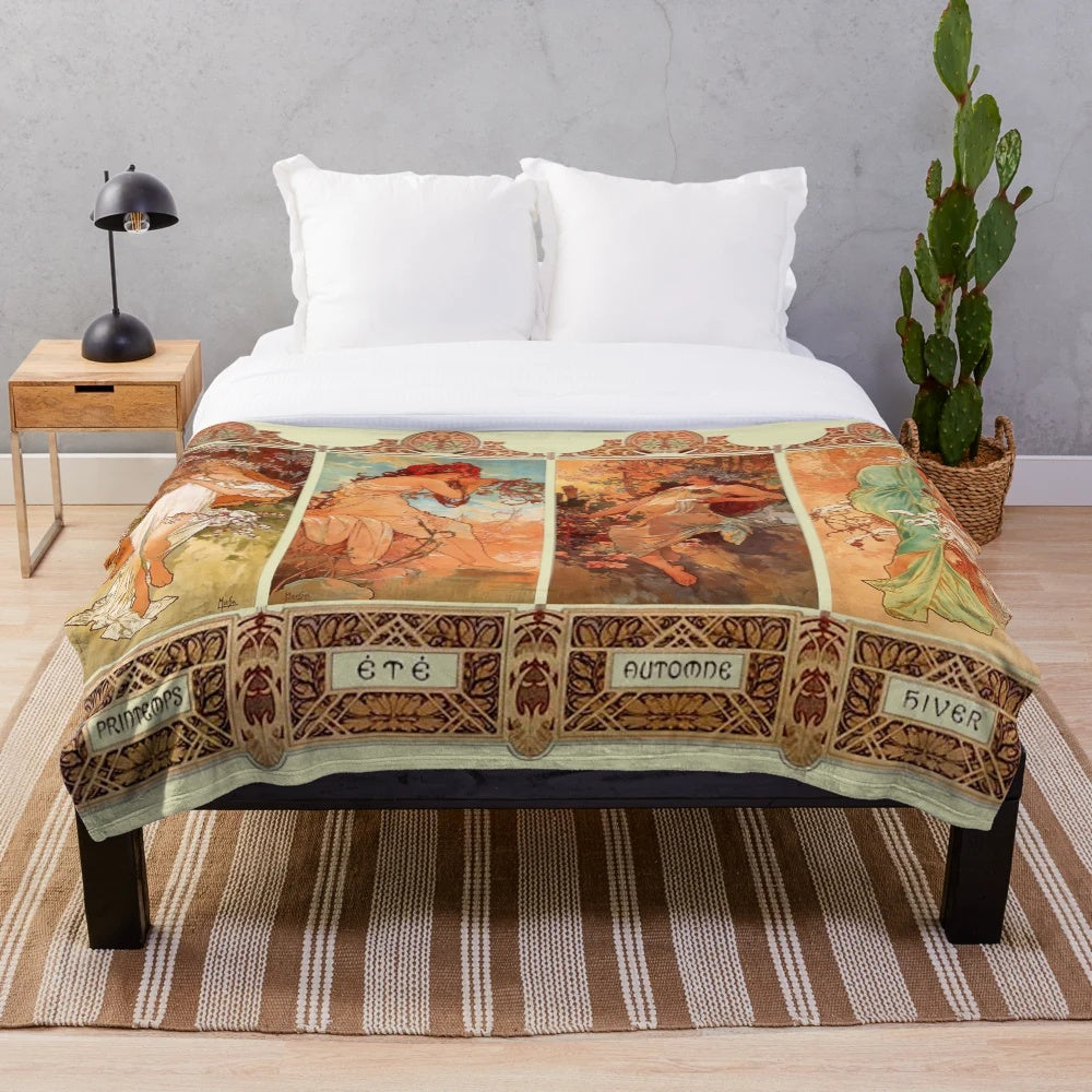 Alphonse Mucha-inspired art nouveau four seasons plush blanket