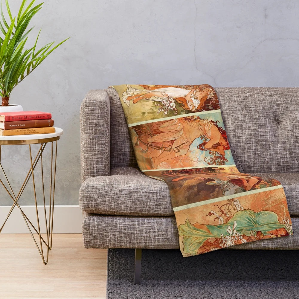 Alphonse Mucha-inspired art nouveau four seasons plush blanket