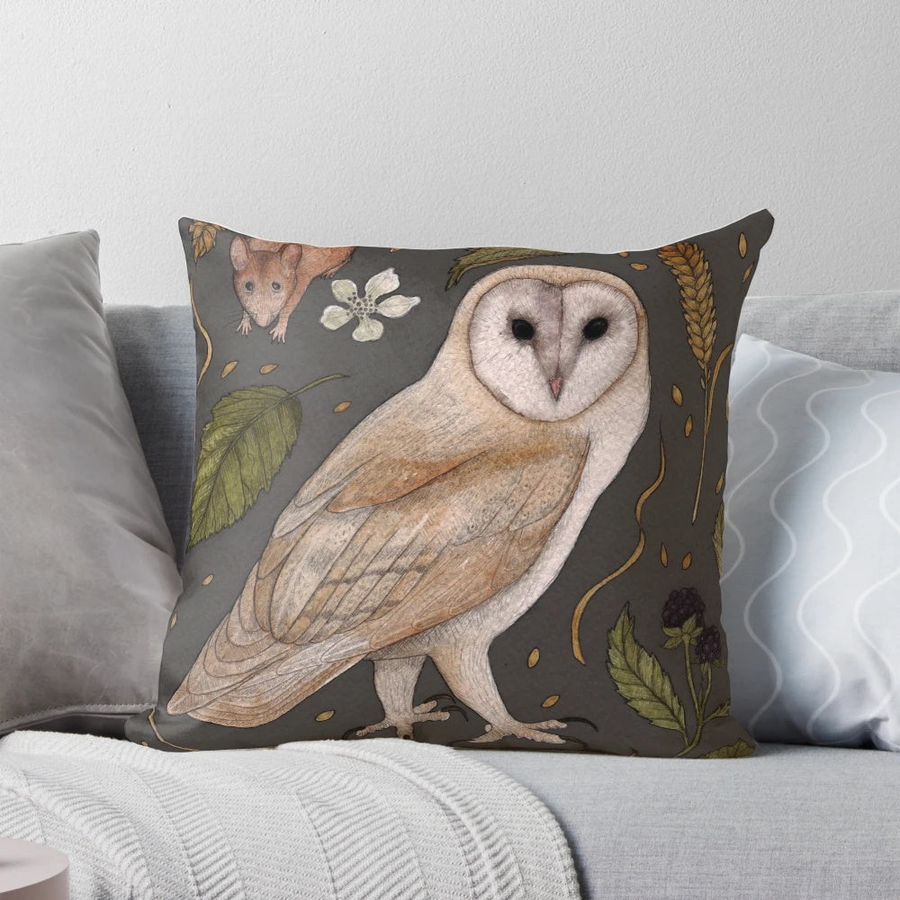 Decorative throw pillow featuring a hand-painted watercolor illustration of a grey barn owl perched on a botanical branch with blackberries.