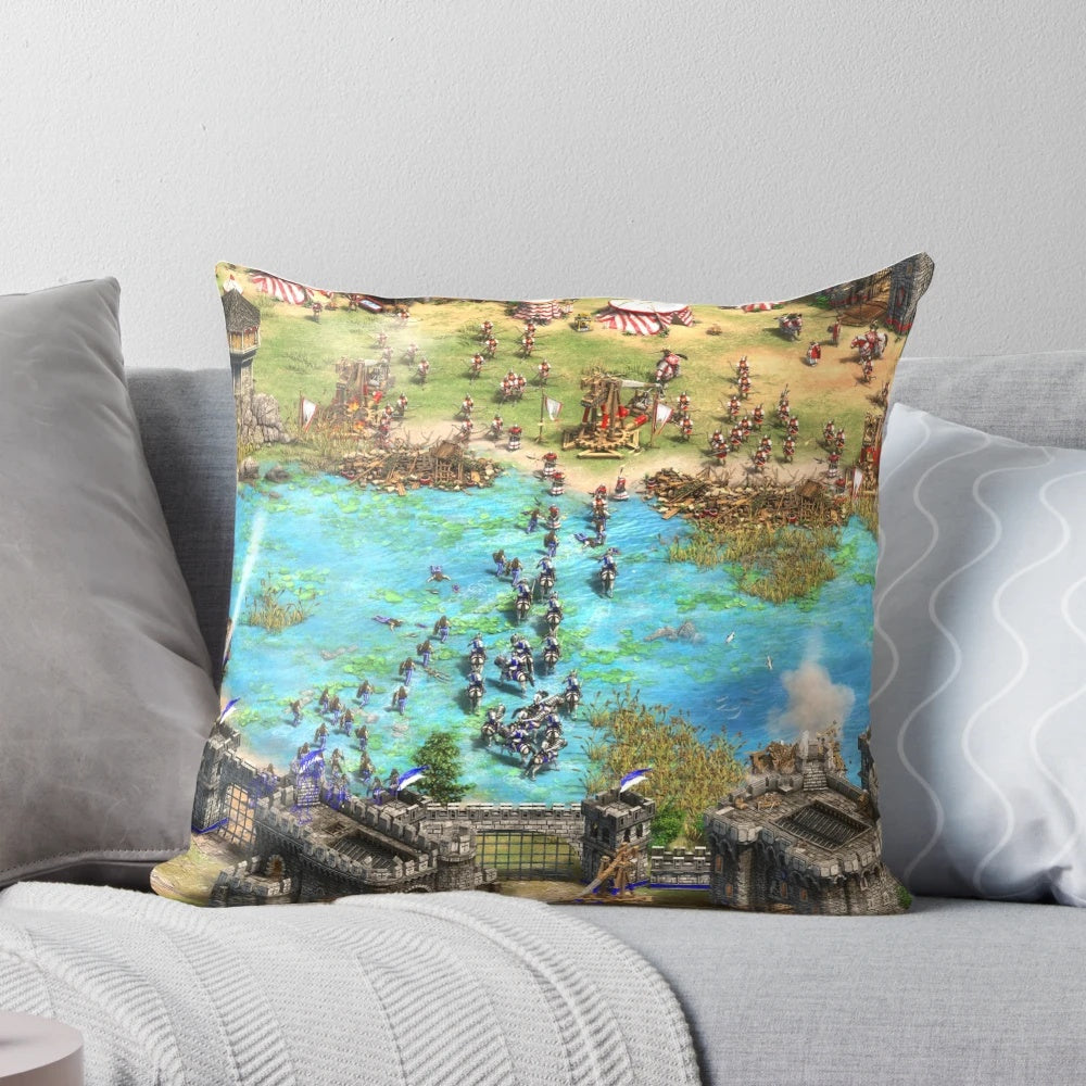 Decorative pillow featuring a battlefield scene from the medieval strategy game Age of Empires 2
