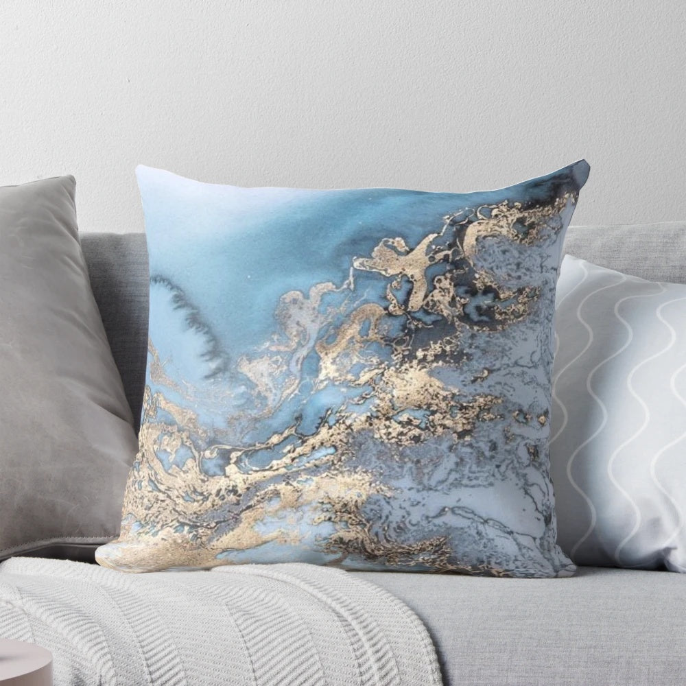 Blue and gold marble decorative throw pillow
