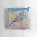 A vibrant and abstract oil painting of a blue budgie or parakeet on a decorative pillow.