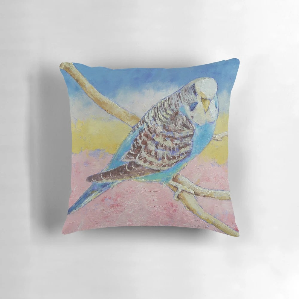 A vibrant and abstract oil painting of a blue budgie or parakeet on a decorative pillow.
