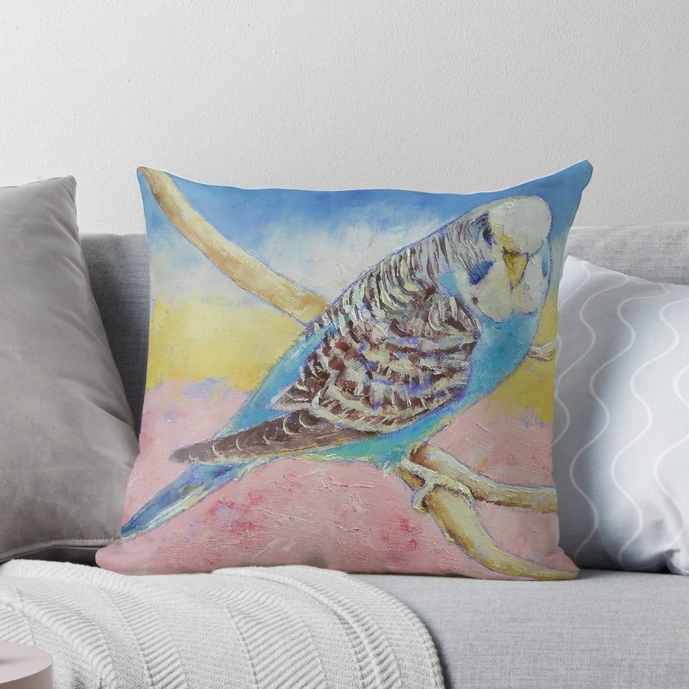A vibrant and abstract oil painting of a blue budgie or parakeet on a decorative pillow.
