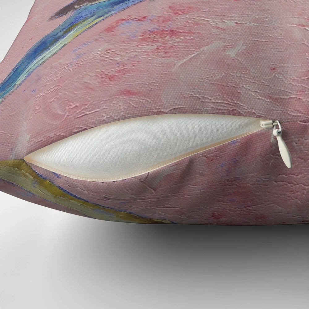 A vibrant and abstract oil painting of a blue budgie or parakeet on a decorative pillow.