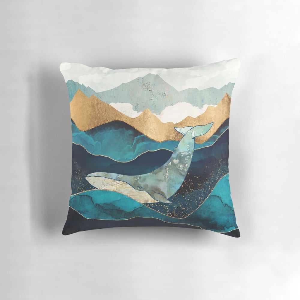 Abstract watercolor and ink painting style blue whale decorative throw pillow