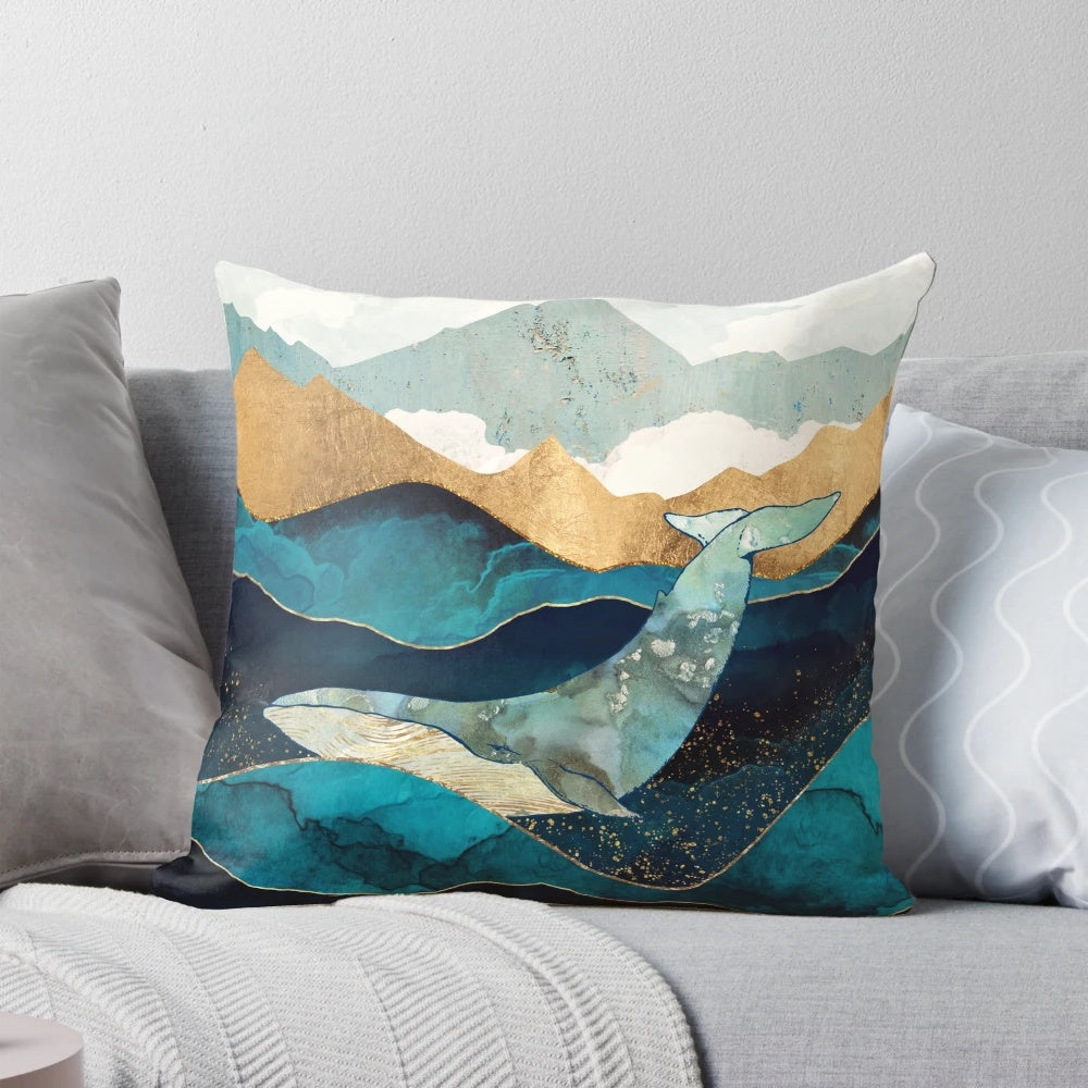Abstract watercolor and ink painting style blue whale decorative throw pillow