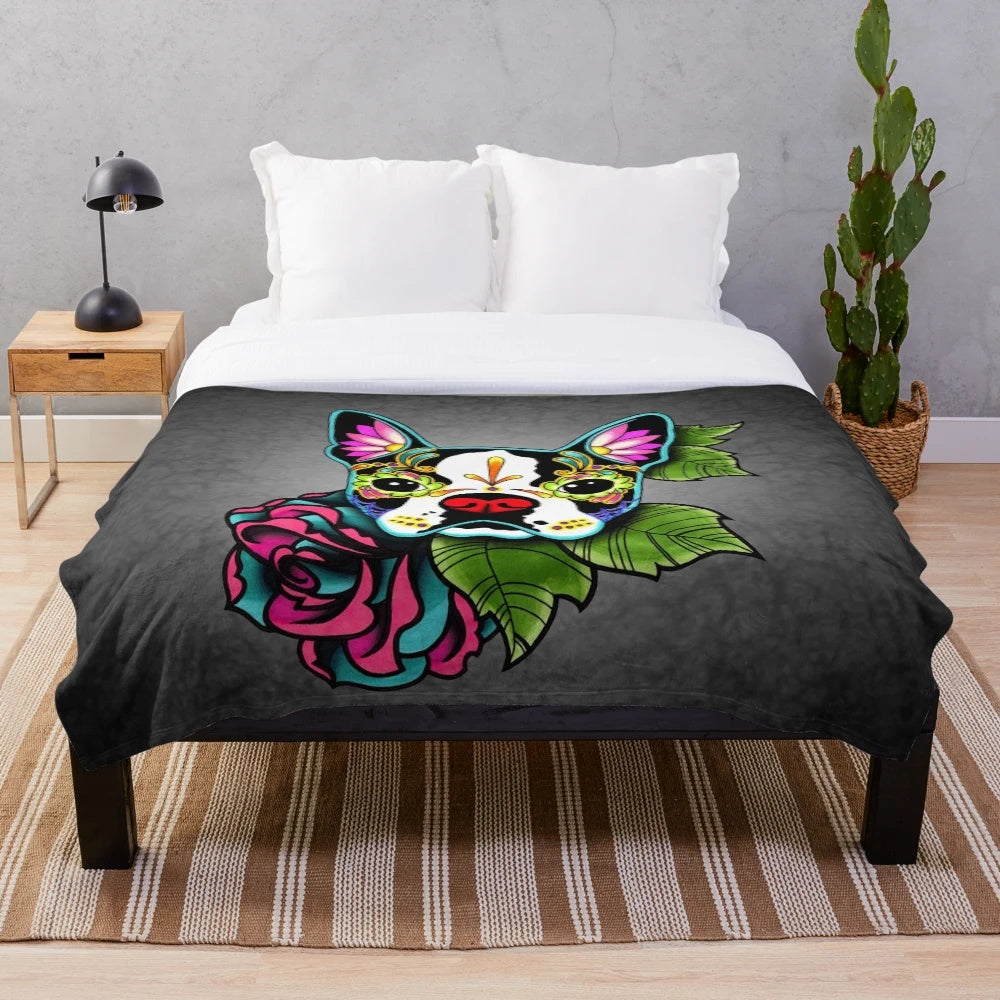 Boston Terrier dog plush blanket with sugar skull and floral Day of the Dead design