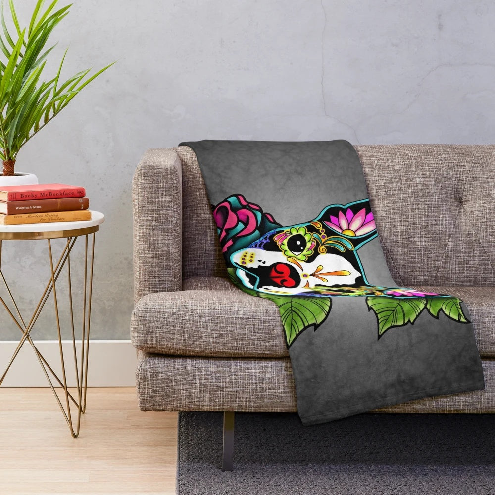 Boston Terrier dog plush blanket with sugar skull and floral Day of the Dead design