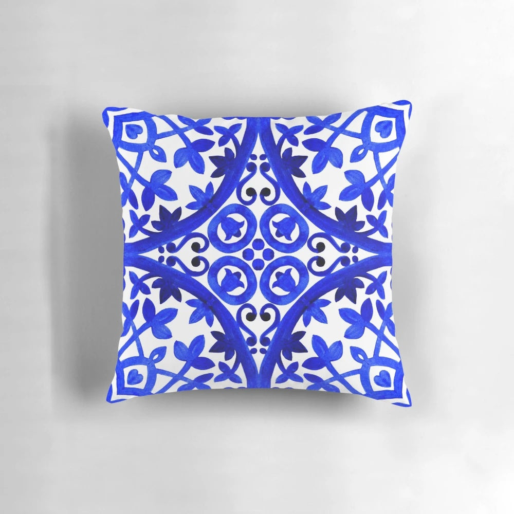 Vibrant blue and white watercolor pattern inspired by traditional Portuguese azulejo tiles