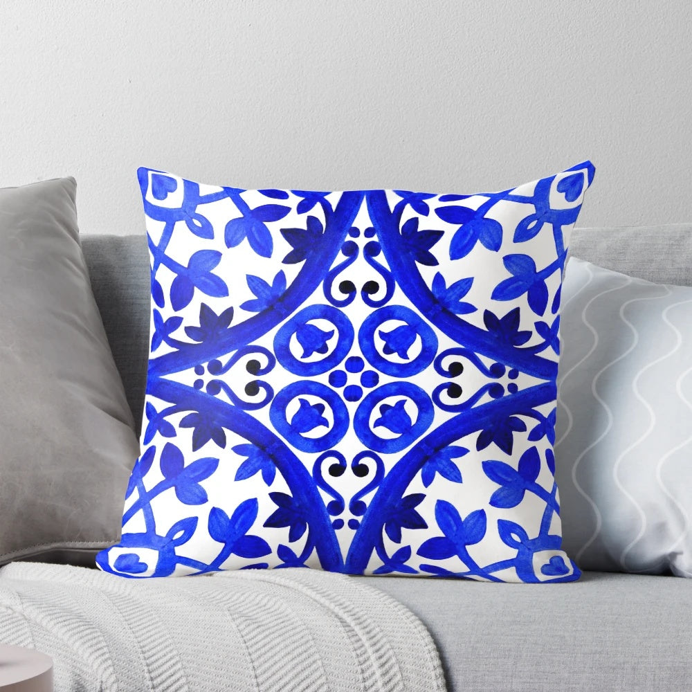 Vibrant blue and white watercolor pattern inspired by traditional Portuguese azulejo tiles