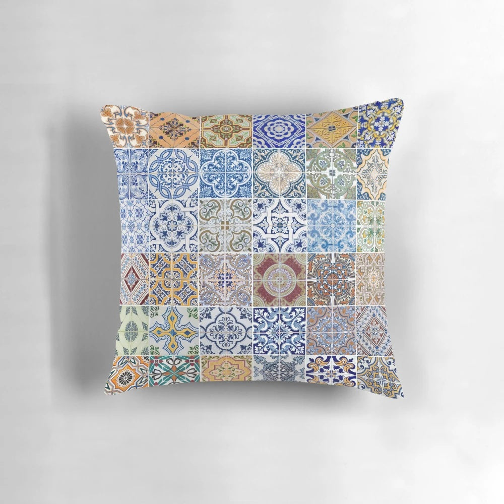 Pillow featuring a collage of colorful, abstract ceramic tile patterns inspired by traditional Portuguese azulejo design.