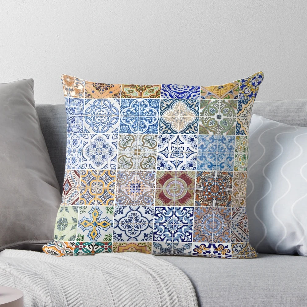Pillow featuring a collage of colorful, abstract ceramic tile patterns inspired by traditional Portuguese azulejo design.