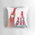 Colorful and whimsical decorative pillow featuring an illustrated chicken, rooster, and farm birds design.