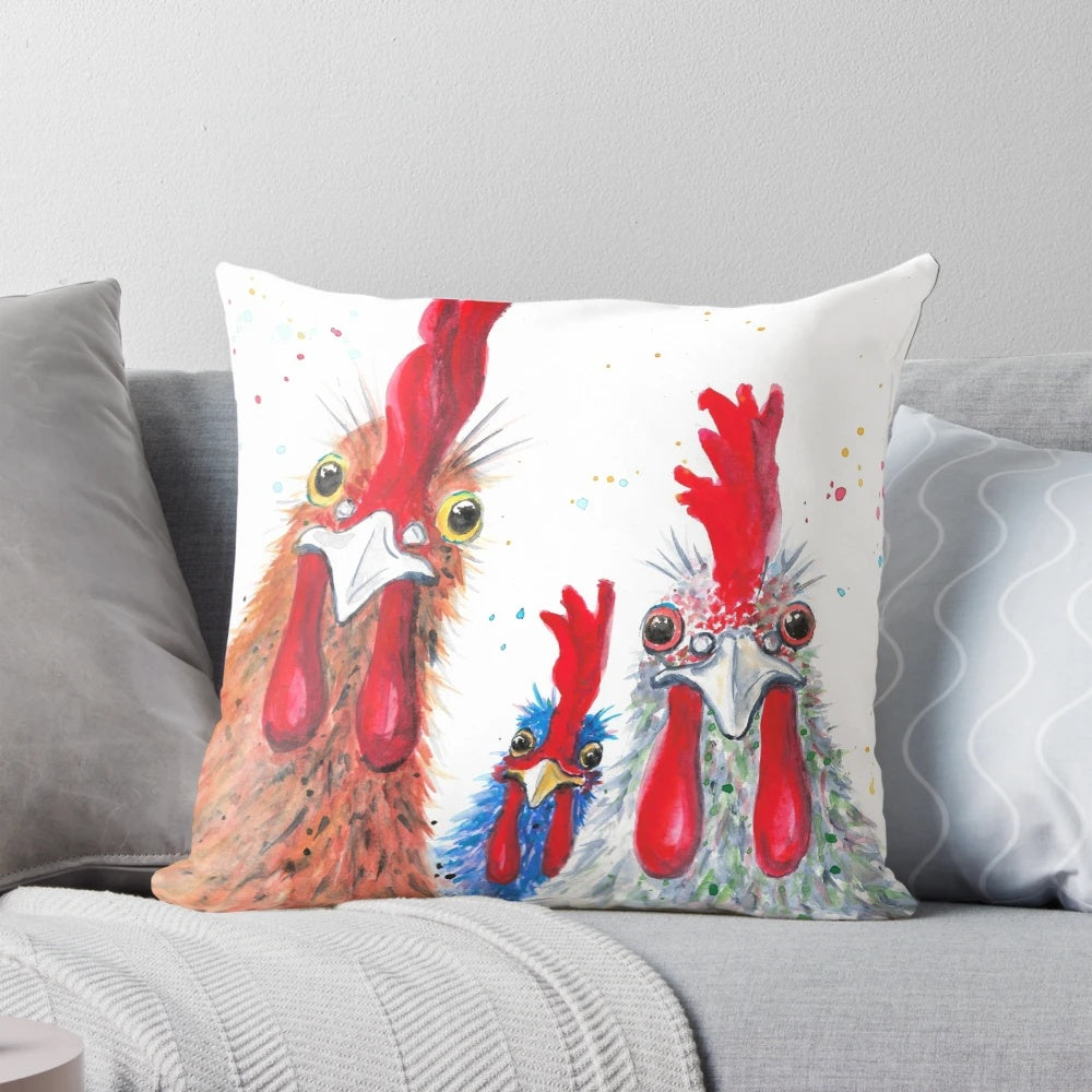 Colorful and whimsical decorative pillow featuring an illustrated chicken, rooster, and farm birds design.