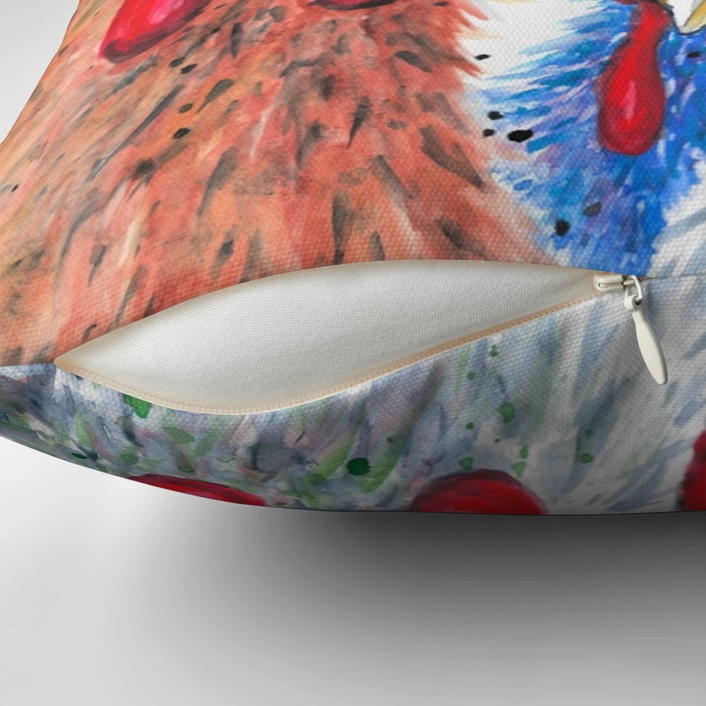 Colorful and whimsical decorative pillow featuring an illustrated chicken, rooster, and farm birds design.