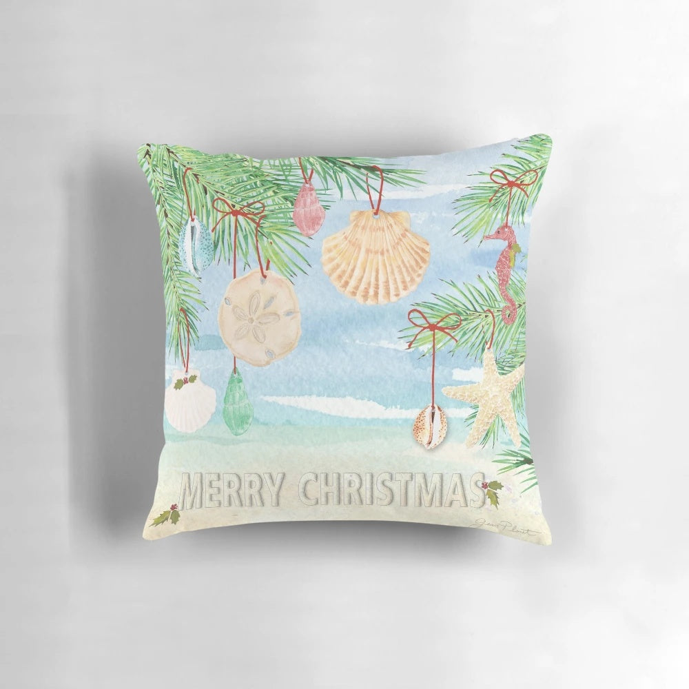 Coastal Christmas pillow with watercolor beach and sea design