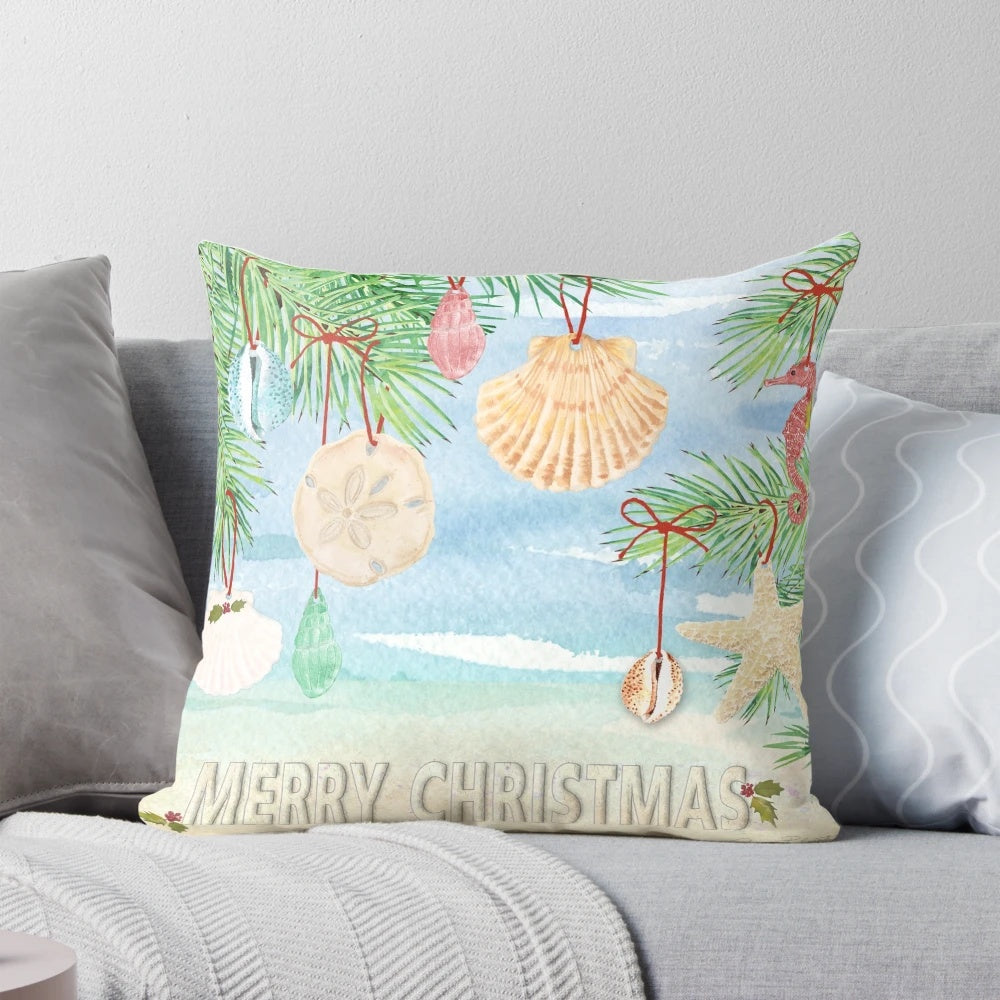 Coastal Christmas pillow with watercolor beach and sea design