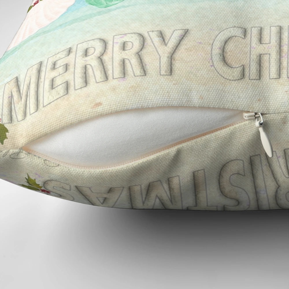 Coastal Christmas pillow with watercolor beach and sea design