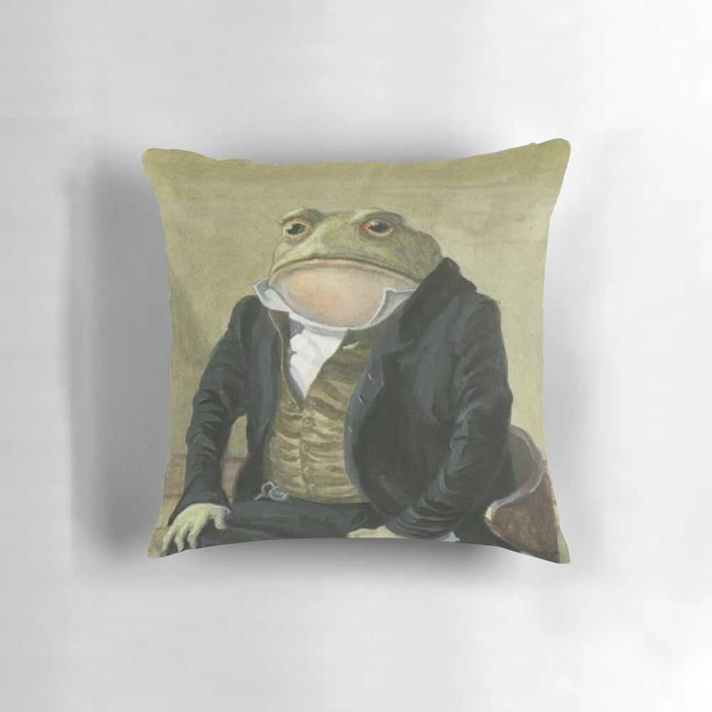 A decorative throw pillow featuring the popular "Colonel Toad" and "Sir Toad" meme characters.