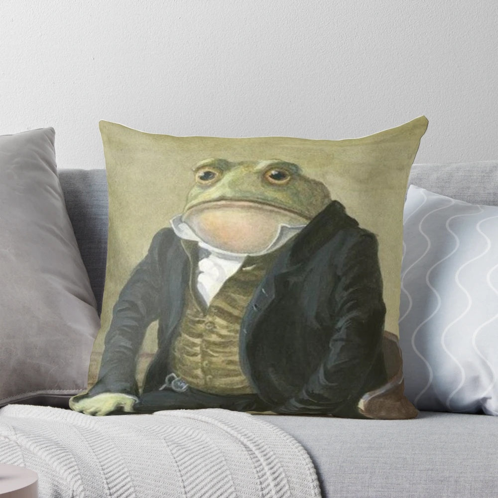 A decorative throw pillow featuring the popular "Colonel Toad" and "Sir Toad" meme characters.
