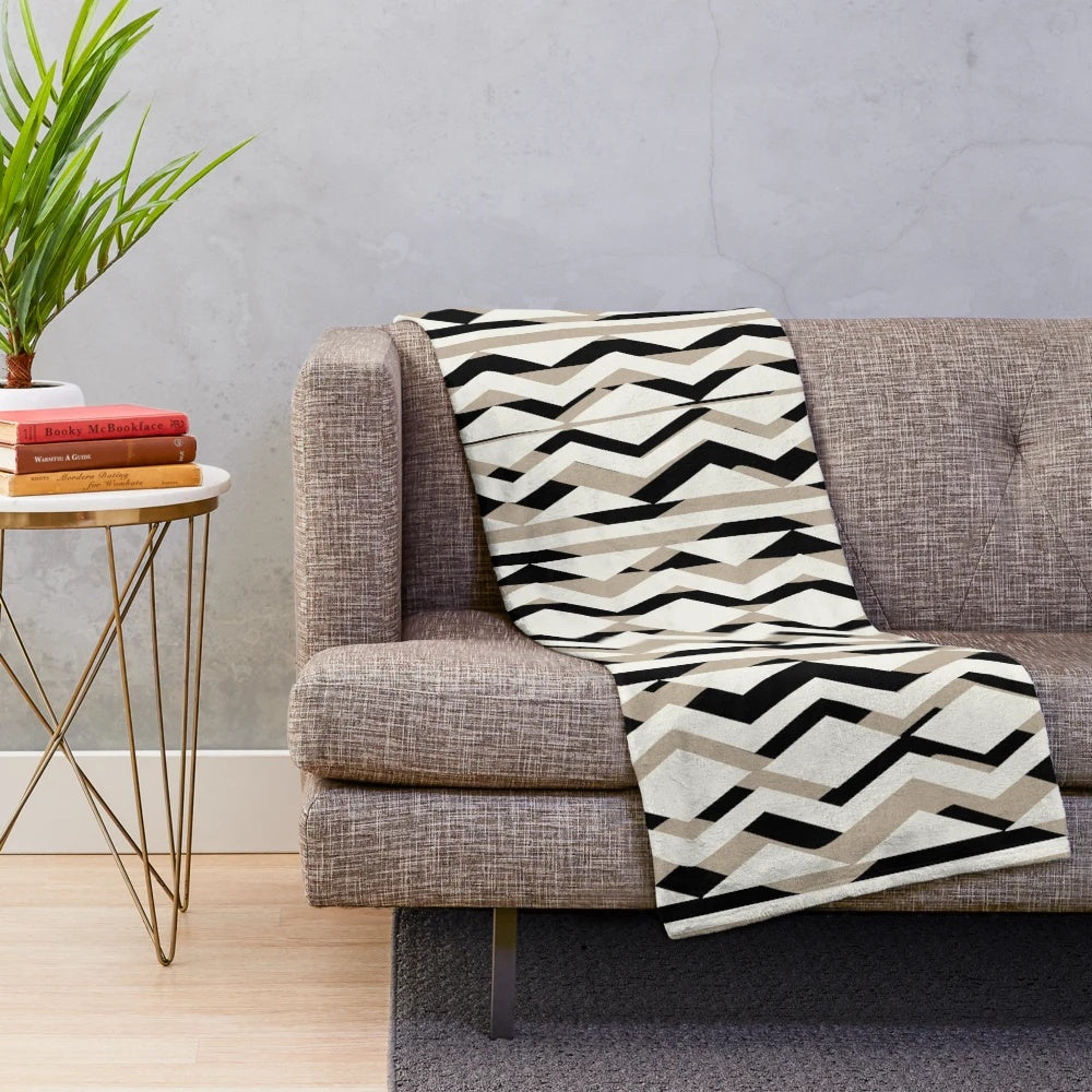Decorative cream beige black geometric pattern plush blanket