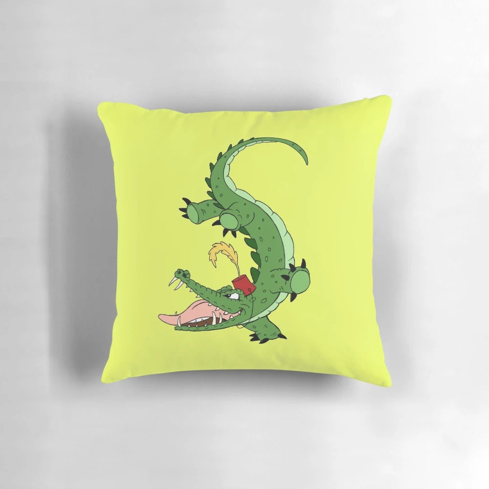 Colorful, whimsical decorative pillow featuring a cartoon crocodile wearing a fez hat