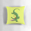 Colorful, whimsical decorative pillow featuring a cartoon crocodile wearing a fez hat