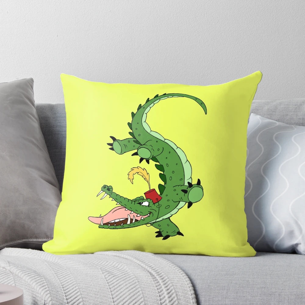 Colorful, whimsical decorative pillow featuring a cartoon crocodile wearing a fez hat