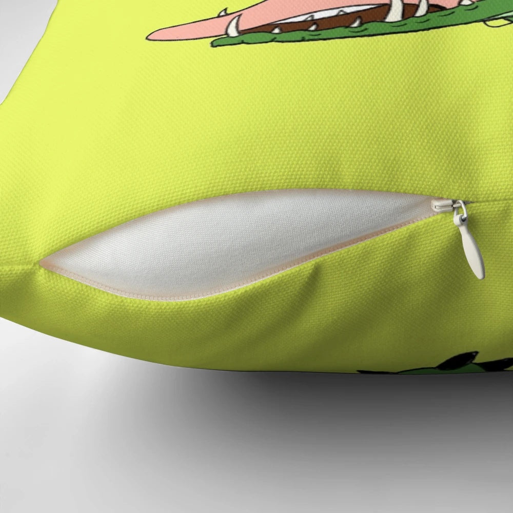 Colorful, whimsical decorative pillow featuring a cartoon crocodile wearing a fez hat