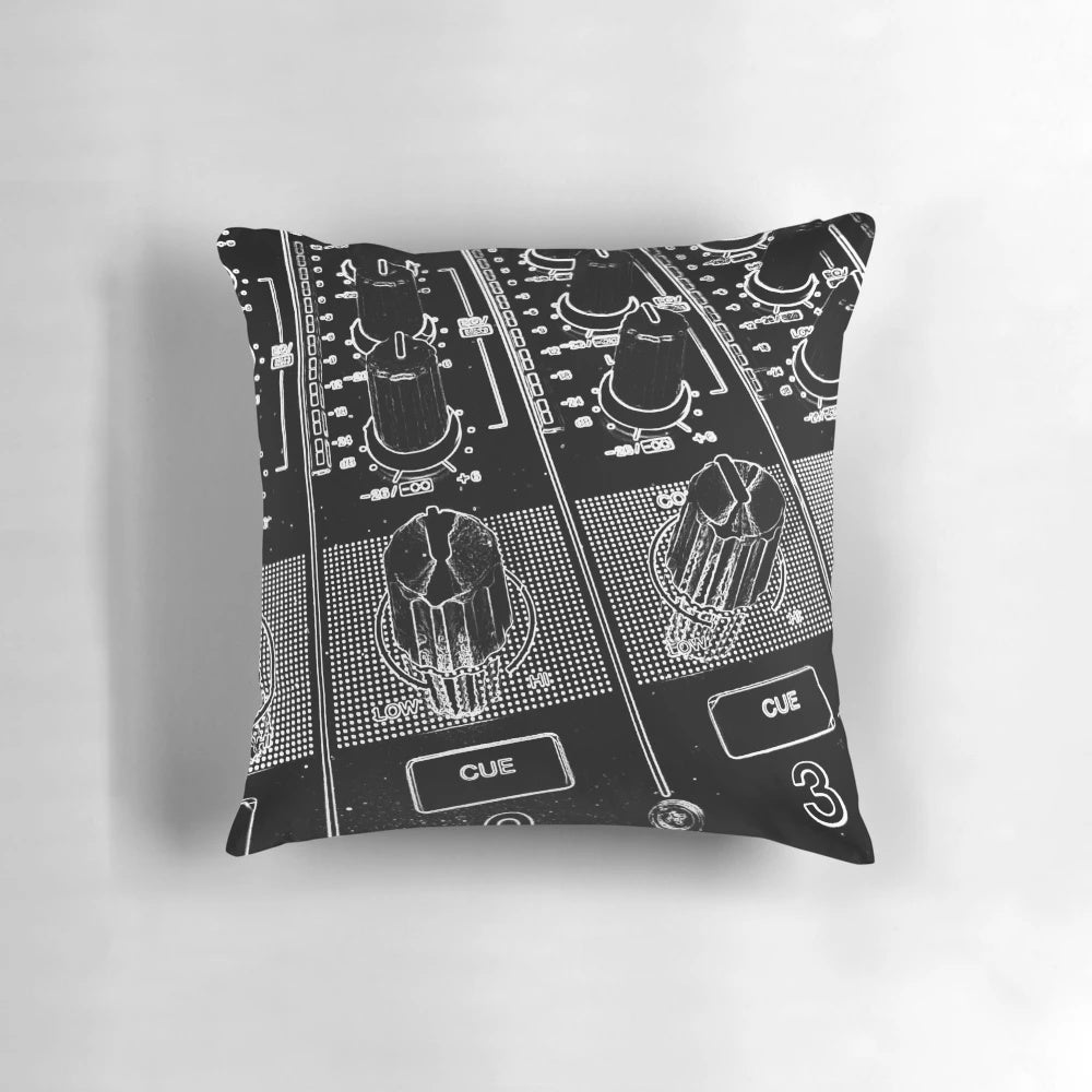 A decorative throw pillow designed to look like a DJ mixer, perfect for music lovers and home decor.