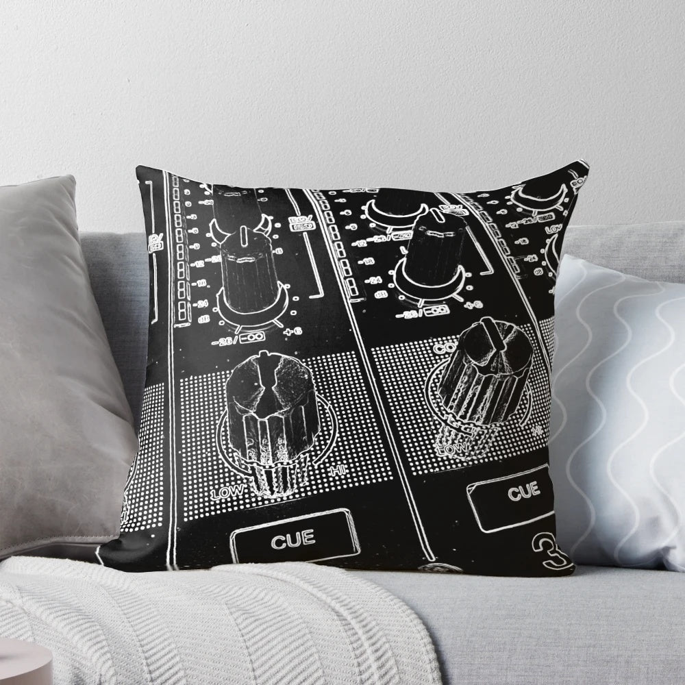 A decorative throw pillow designed to look like a DJ mixer, perfect for music lovers and home decor.
