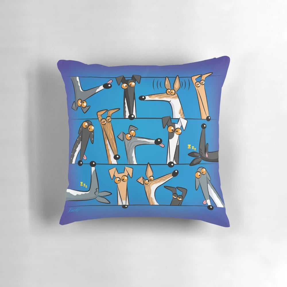 Decorative dog cartoon throw pillow featuring a greyhound, hound, or whippet design