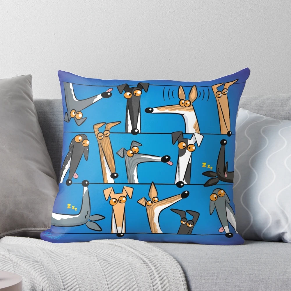Decorative dog cartoon throw pillow featuring a greyhound, hound, or whippet design