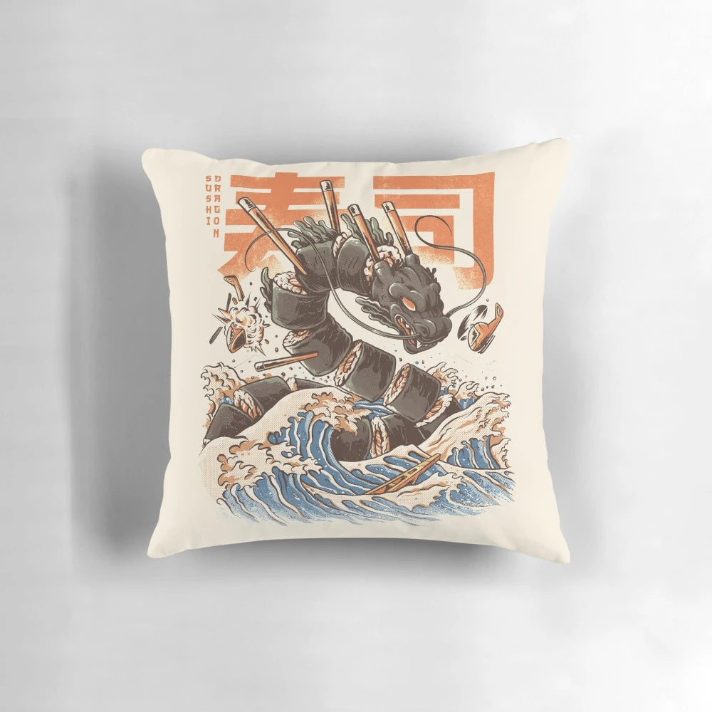 An orange dragon-inspired pillow with sushi and a Japanese wave design