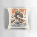 An orange dragon-inspired pillow with sushi and a Japanese wave design