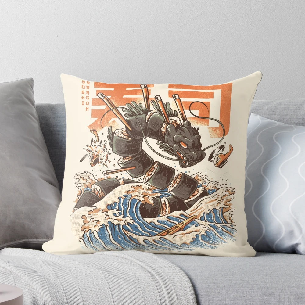 An orange dragon-inspired pillow with sushi and a Japanese wave design