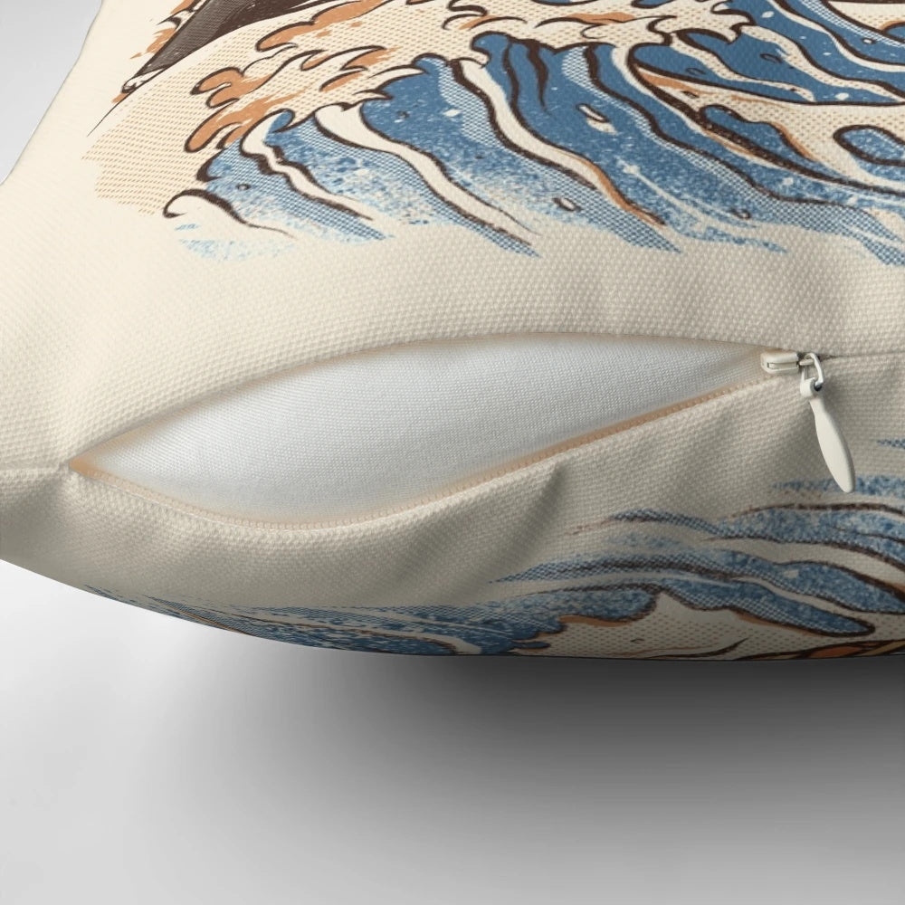 An orange dragon-inspired pillow with sushi and a Japanese wave design