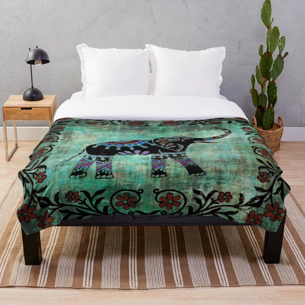 Decorative elephant plush blanket with intricate floral and asian art design