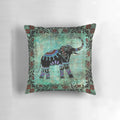 Decorative throw pillow featuring a vibrant elephant design with intricate Indian and Asian-inspired floral patterns in shades of blue and teal.