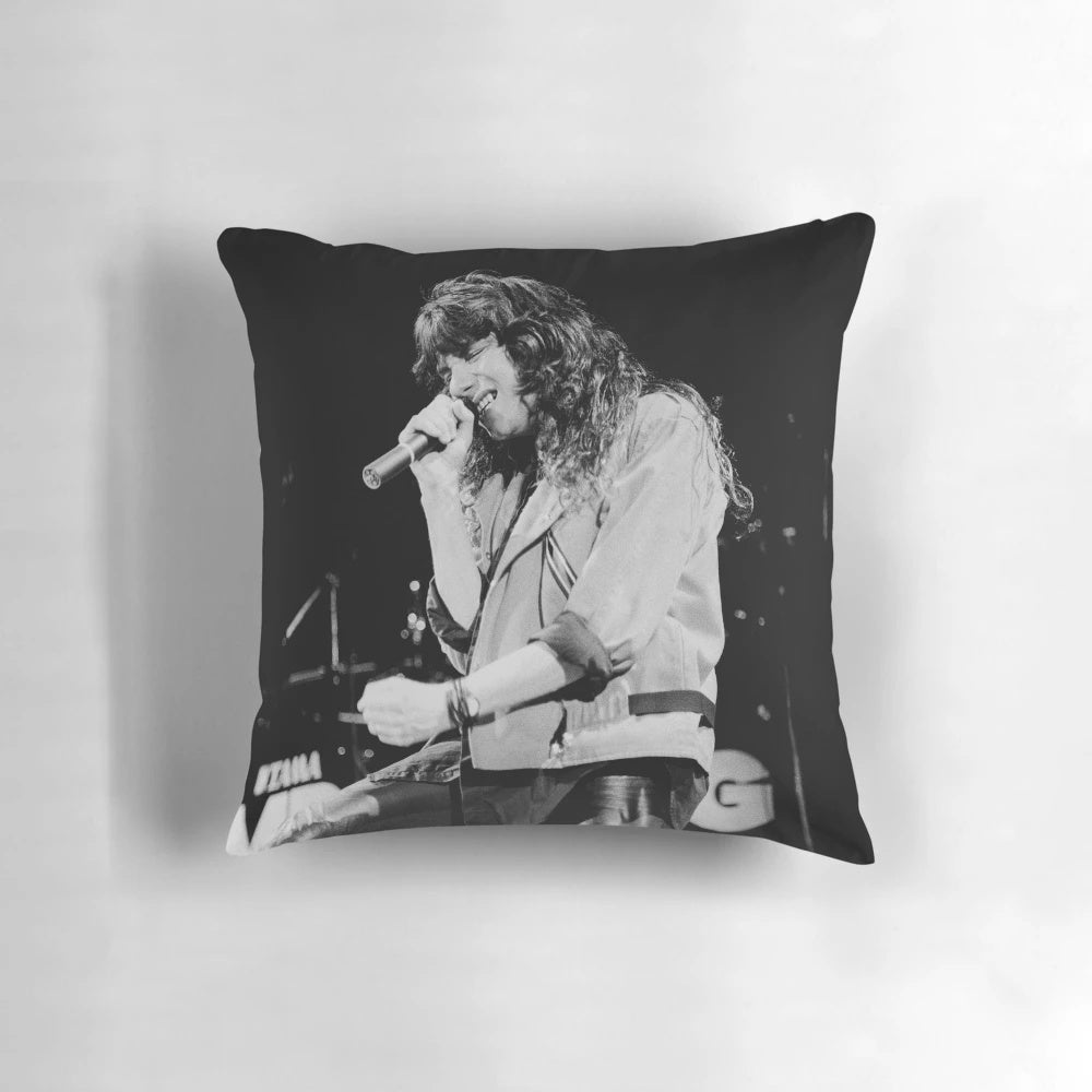 Black and white photograph of Eric Martin, the lead singer of the rock band Mr. Big, printed on a decorative pillow.
