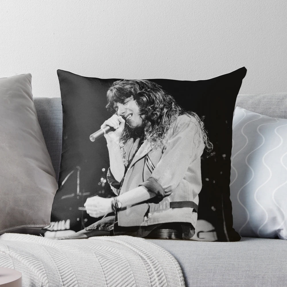 Black and white photograph of Eric Martin, the lead singer of the rock band Mr. Big, printed on a decorative pillow.