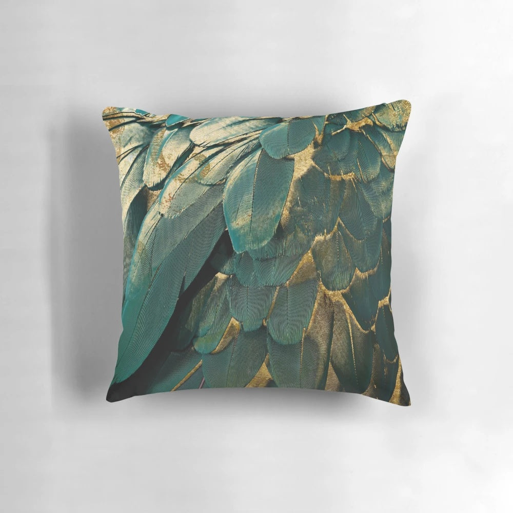 Feather Glitter Pillow with Teal, Gold, and Dark Green Decorative Bird Feathers