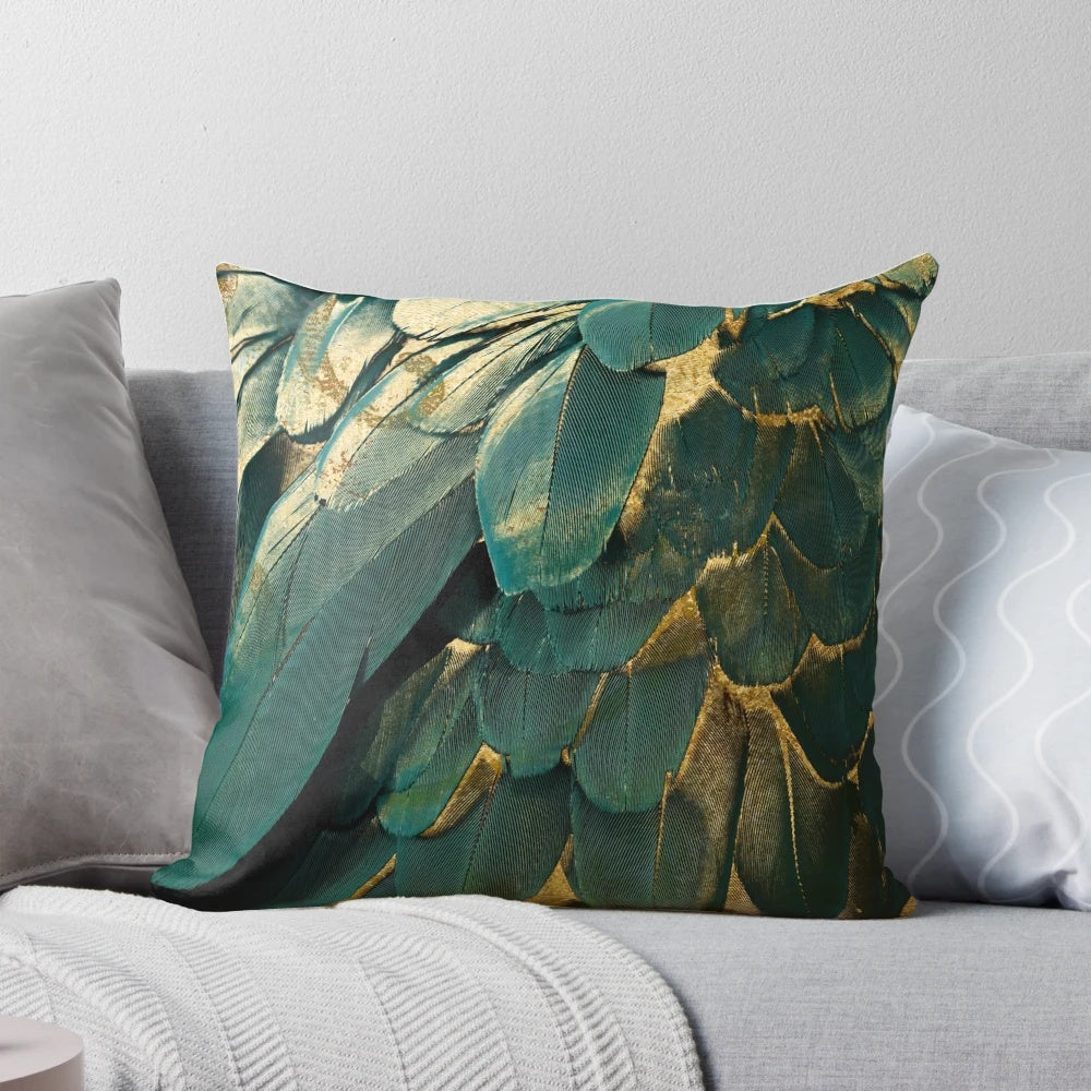 Feather Glitter Pillow with Teal, Gold, and Dark Green Decorative Bird Feathers