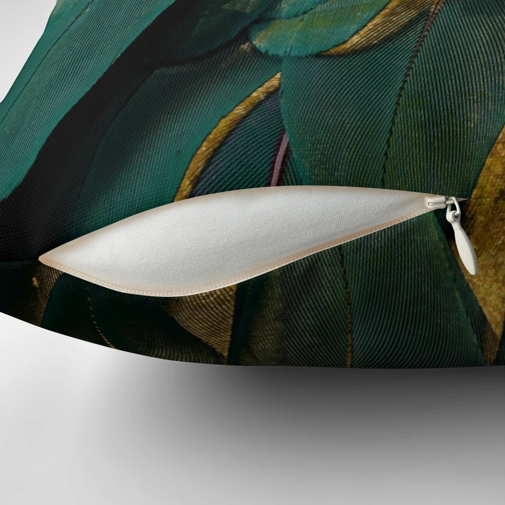 Feather Glitter Pillow with Teal, Gold, and Dark Green Decorative Bird Feathers