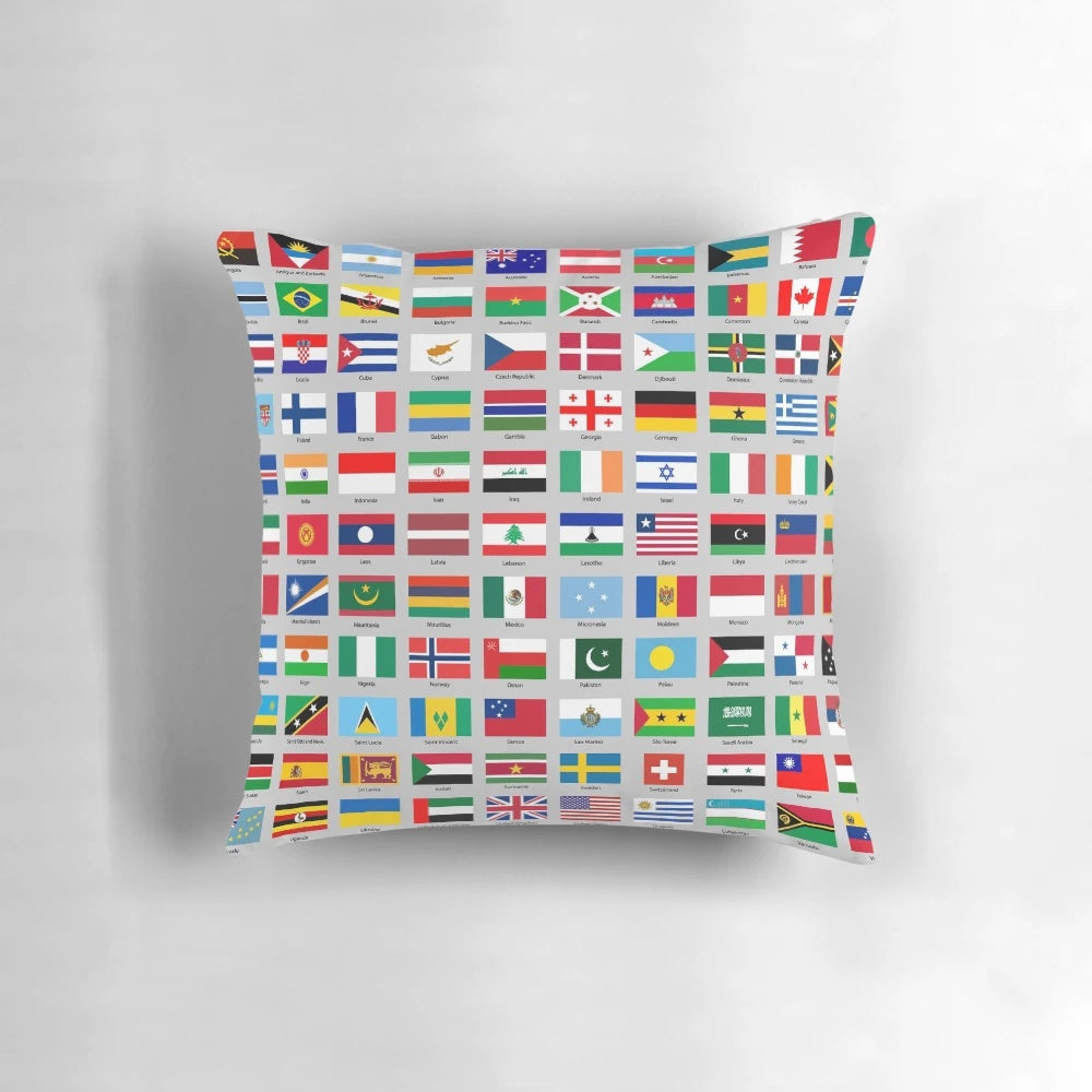 Decorative throw pillow featuring flags from countries around the world for patriotic home or travel decor